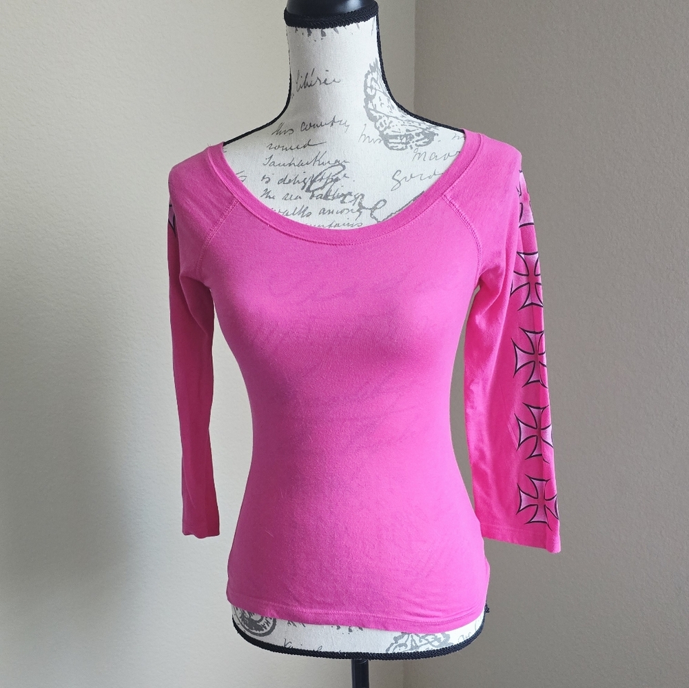 Pink Anchor blue 3/4 sleeve Maltese Cross T Shirt medium